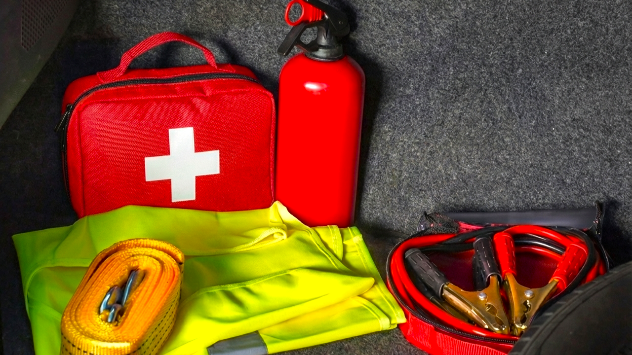 First aid kit, fire extinguisher, emergency triangle